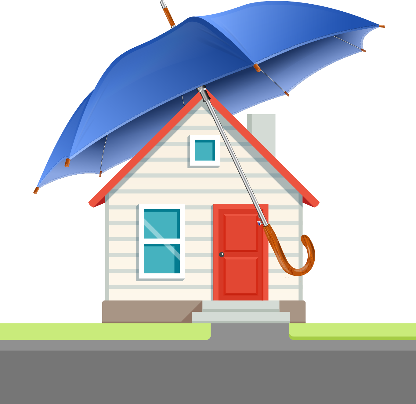 An illustration of a house covered by a large blue umbrella