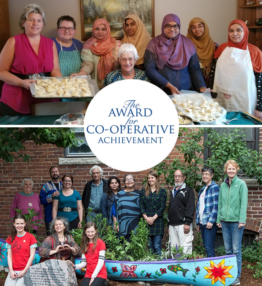 Two images, one of a diverse group of women holding up trays of perogies, one of a group of people standing around a painted canoe, with the text "The Award for Co-operative Achievement"