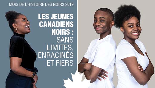 Trois jeunes Noirs, avec du text "Les jeunes canadiens noirs : sans limites, enracinés, et fiers