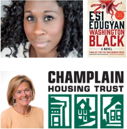 An image of Esi Edugyan, a young Black woman, with the cover of her book, Washington Black, and an image of Brenda Torpy, a blonde white woman, with the logo of the Champlain Housing Trust