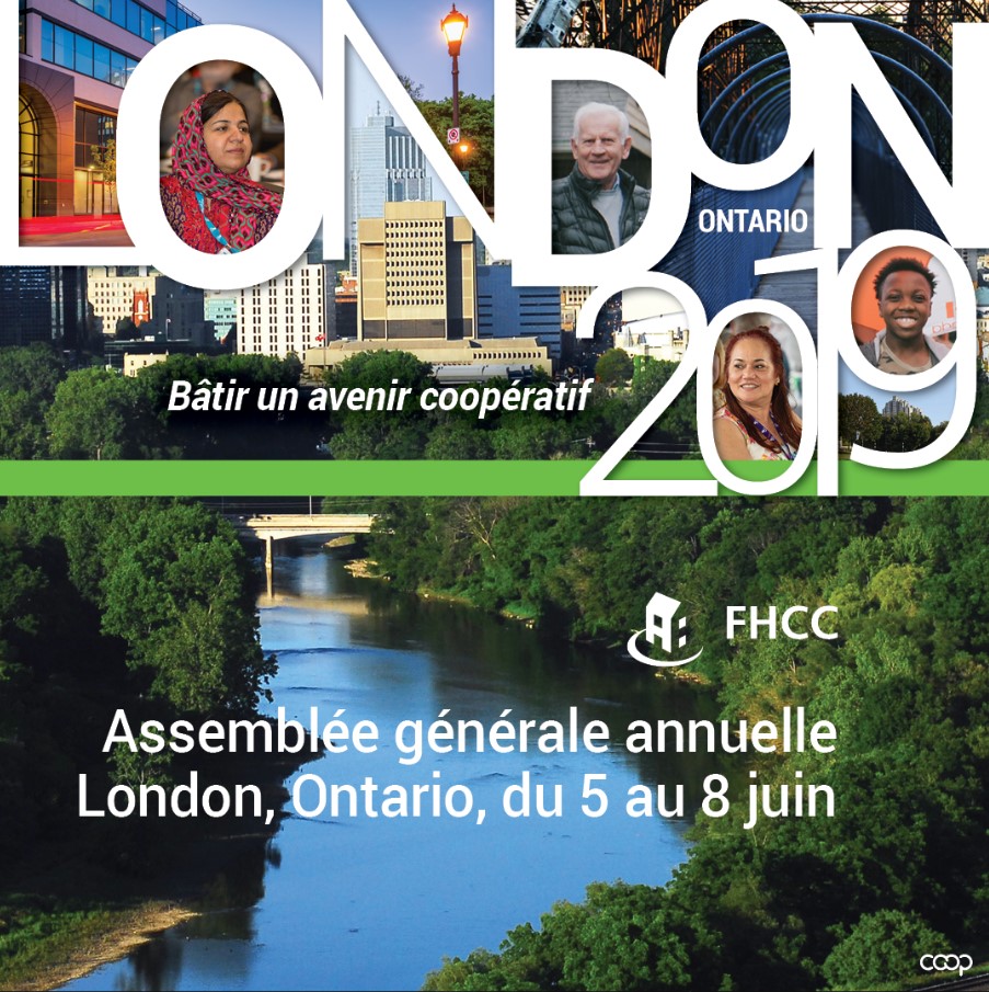 A graphic showing the city of London, co-op members, and the text London 2019: Batir un avenir cooperatif