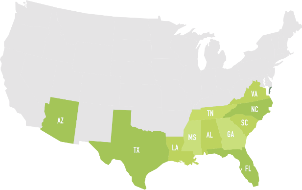 United States map with highlighted states in green where bankers coverage availability