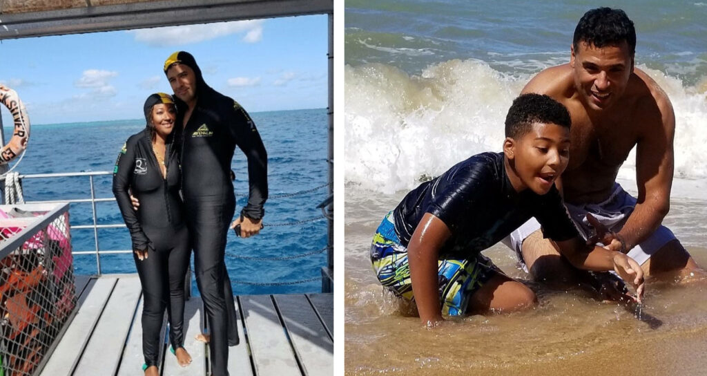 (Left) Fernando Bermudez and Crystal at the Great Barrier Reef. (Righ) Fernando and his son. (Images: Courtesy of Fernando Bermudez).