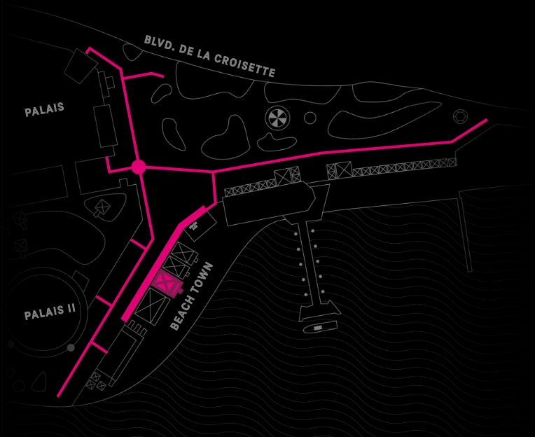 Blueprint of Cannes Lions festival area, with magenta walkways and rectangle over our Beach Town cabana.
